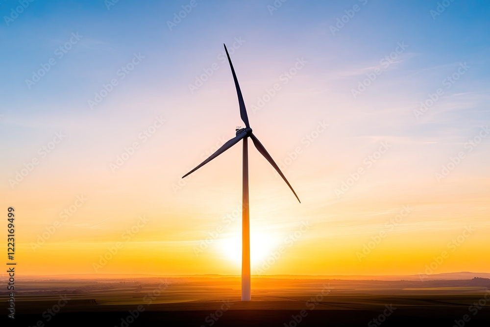 Fototapeta premium Majestic wind turbine silhouetted against a vibrant sunset over rolling hills, symbolizing renewable energy