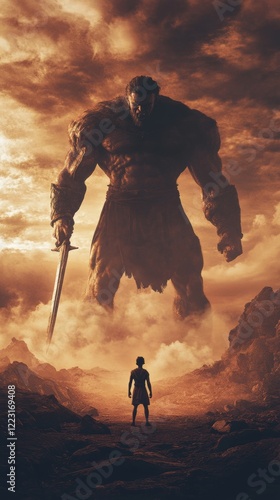 David vs goliath, biblical concept with copy space vertically 9:16