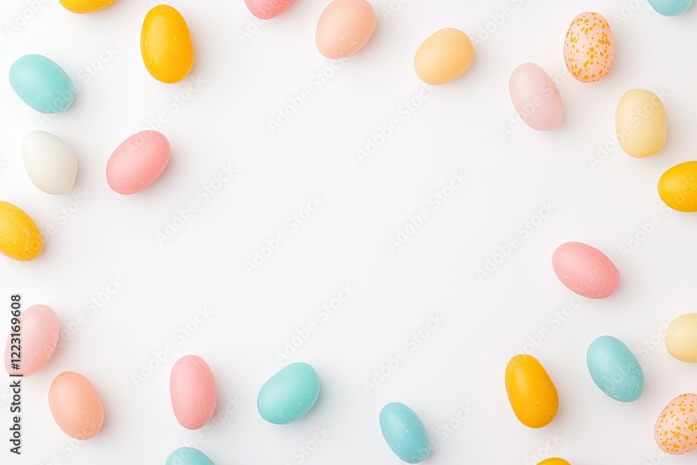 Colorful Easter eggs arranged in a circular pattern on a white background, evoking festive cheer Colorful Easter eggs arranged in a circular pattern on a white background, evoking festive cheer