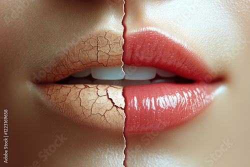 A photograph showing two lips side by side: on the left, a pair of dry, cracked lips with faint tears and rough patches, while on the right, smooth, hydrated lips, plump and healthy