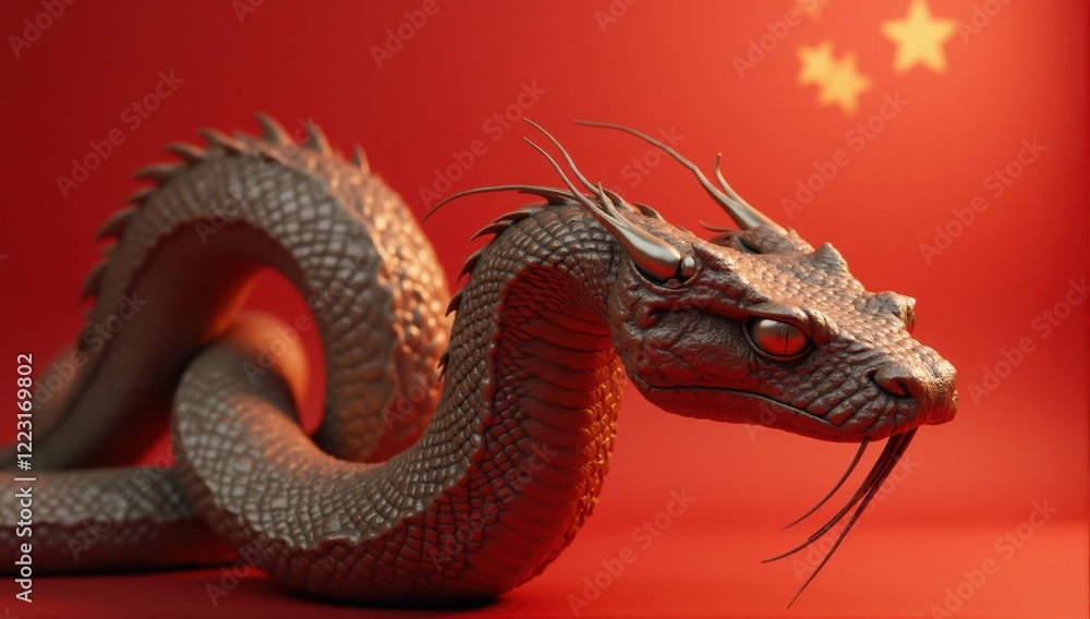 Fototapeta premium Silver Dragon Model Against Red Background with Star Motifs