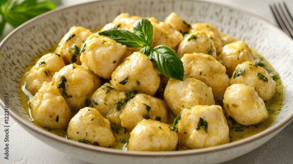 Delicious Creamy Pesto Gnocchi Italian Food Close Up Gourmet Dish Delicious Creamy Pesto Gnocchi Italian Food Close Up Gourmet Dish