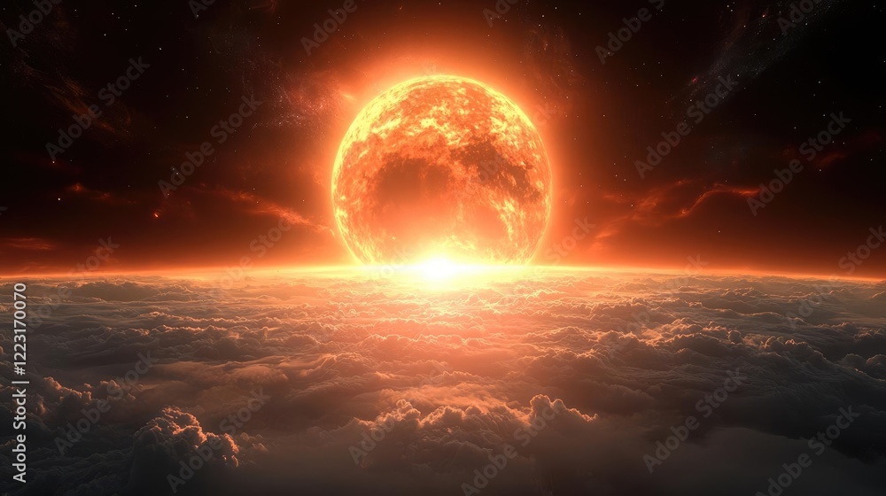 Fototapeta premium Fiery sun rising over cloudscape, cosmic background. Use science fiction, fantasy