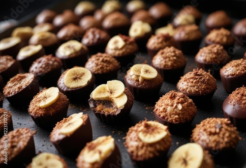 Banana and cinnamon filling peeking out of a dark chocolate-coated brigadeiro , reveal, dessert