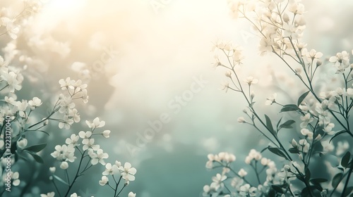 A modern calm background featuring a soft serene palette of neutral gradients and a delicate harmonious arrangement of botanical elements such as leaves flowers and delicate foliage