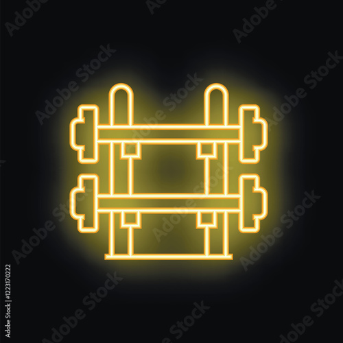 Bright yellow neon outline of a weight training stand with barbells for working out and lifting weights