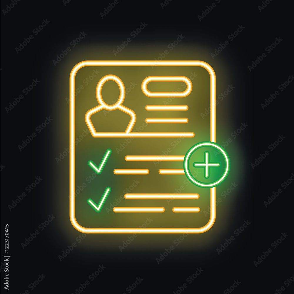 Glowing neon icon of a curriculum vitae with an add button for concepts like recruitment and hiring Glowing neon icon of a curriculum vitae with an add button for concepts like recruitment and hiring