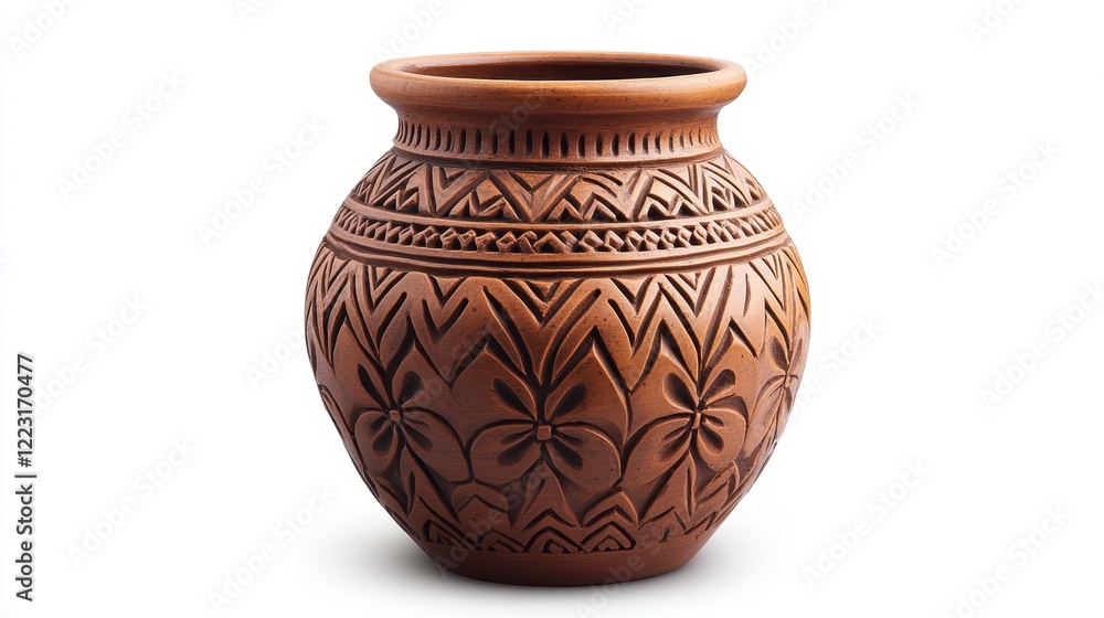 Handcrafted Brown Clay Pot with Intricate Floral and Geometric Designs Studio Shot Handcrafted Brown Clay Pot with Intricate Floral and Geometric Designs Studio Shot