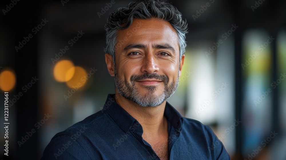 Obraz premium Confident man smiling in a modern caf? with blurred background and warm lighting