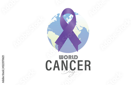 Purple ribbon symbolizing cancer support and awareness displayed over a world map