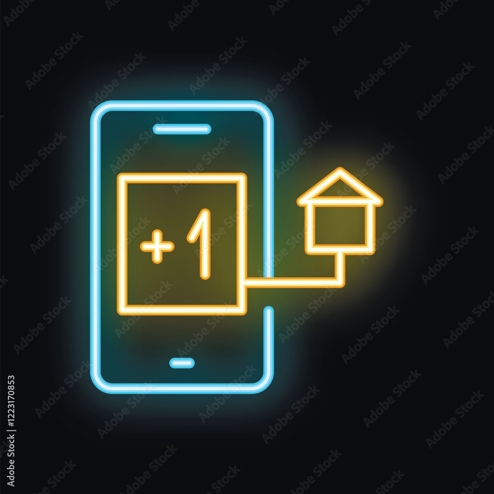 Glowing neon icon of a smartphone adding a smart home device to its system Glowing neon icon of a smartphone adding a smart home device to its system