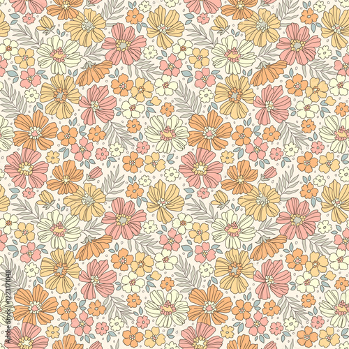 Beautiful floral pattern in small flowers. Small orange? yellow and coral flowers. White background. Ditsy print. Floral seamless background. Elegant template for fashion prints. Stock pattern.