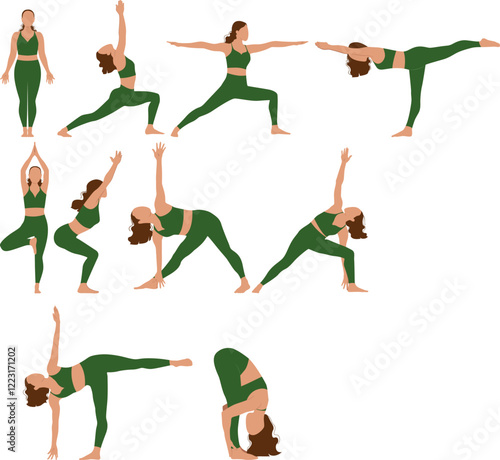 Vector illustration. People practicing yoga, set of poses. characters for books, flexibility exercises. Sports figures, training, health, fitness
