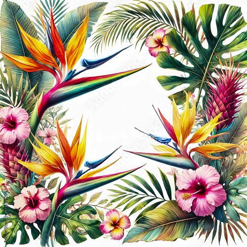 A delightful illustration capturing the vibrant colors and exotic beauty of tropical flowers.