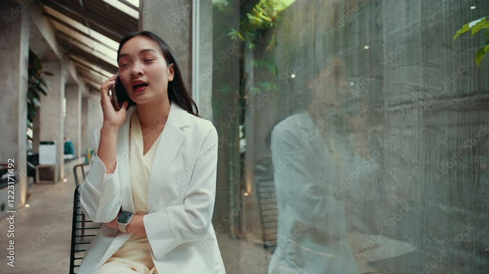 Professional businesswoman sitting in sleek chair, engaging in phone conversation and gesturing dynamically within contemporary glass-walled office environment Professional businesswoman sitting in sleek chair, engaging in phone conversation and gesturing dynamically within contemporary glass-walled office environment