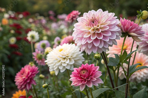 Close-up of vibrant pink, white, and peach dahlias in a garden.
