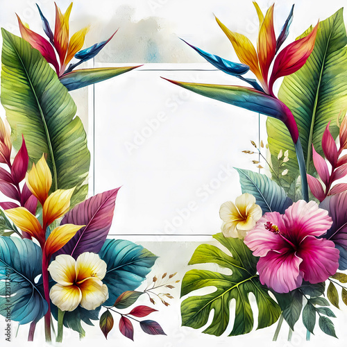 A vibrant watercolor painting of a tropical floral frame with pink hibiscus and orange bird of paradise flowers. photo