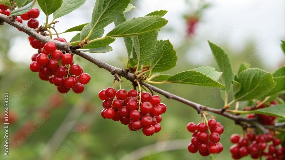 Berries of Shepherdia canadensis ripe red color hanging from a twig, trees, fall Berries of Shepherdia canadensis ripe red color hanging from a twig, trees, fall
