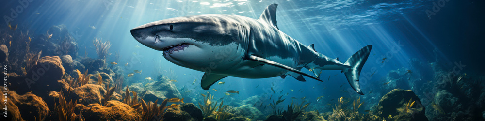 Fototapeta premium Majestic great white shark gliding through vibrant underwater coral reef during a sunlit afternoon