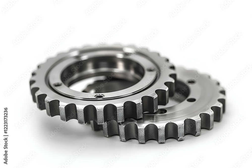 A close up of two gears on a white surface A close up of two gears on a white surface