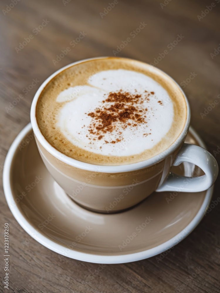 A cappuccino with frothy milk and a sprinkle of cinnamon in a beige cup on a saucer A cappuccino with frothy milk and a sprinkle of cinnamon in a beige cup on a saucer