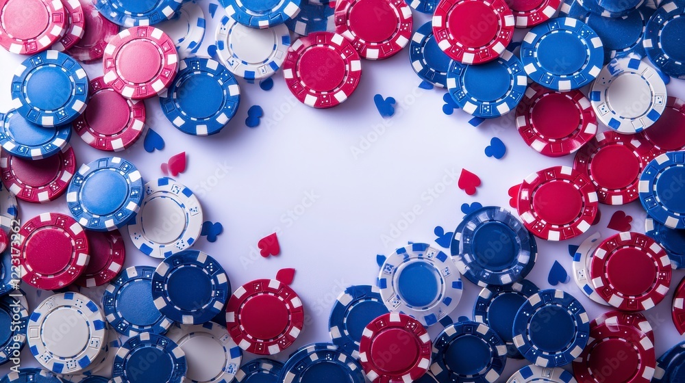 Casino Game Chips Background Red Blue White Poker Chips Border Casino Game Chips Background Red Blue White Poker Chips Border