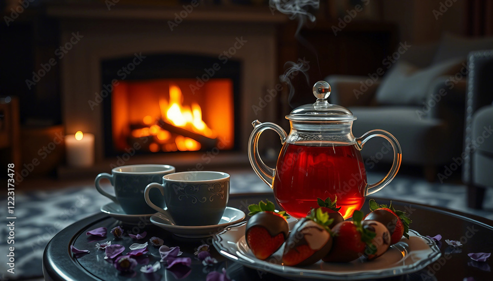 Fototapeta premium Charming cozy scene featuring steamy tea, colorful flowers, candles, and a fireplace. Invites relaxation and tranquility with warm tones and an intimate ambiance. Perfect for themes of comfort, warmth