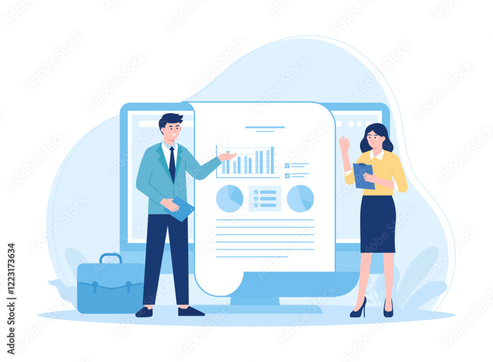 Man and woman presenting work using company growth computer concept flat illustration Man and woman presenting work using company growth computer concept flat illustration