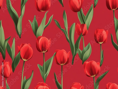 Wallpaper Mural A Seamless Pattern of Red Tulips  on the Petals and Green Leaves on a Cream/Off-White Background
 Torontodigital.ca