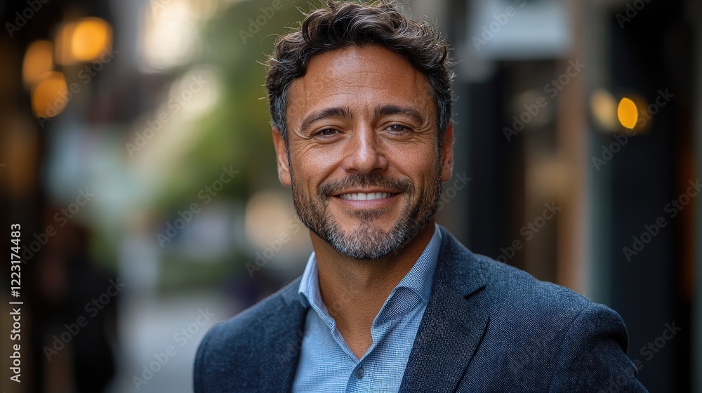 Smiling man in a stylish suit stands confidently in a vibrant urban alleyway during daylight Smiling man in a stylish suit stands confidently in a vibrant urban alleyway during daylight