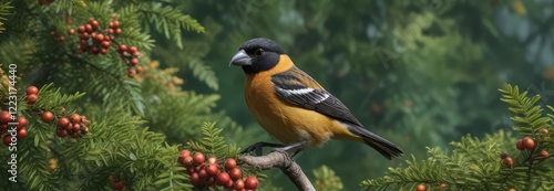 Black headed grosbeak eating a berry from a shrub in the forest, wild berries, berry, forest floor photo