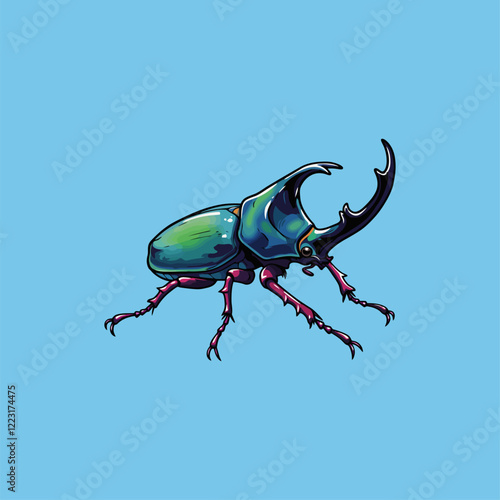 A striking illustration showcases a rhinoceros beetle in vibrant green hues against a soft blue backdrop. Its powerful horns and detailed legs create a dynamic and captivating image.