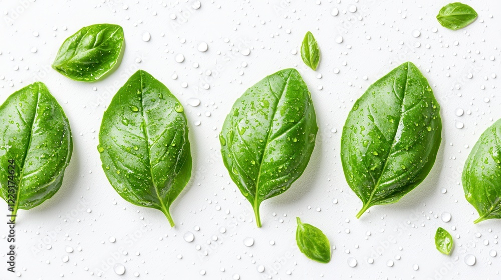 Obraz premium Fresh Green Basil Leaves with Water Droplets on White Background Culinary Herb Food Photography