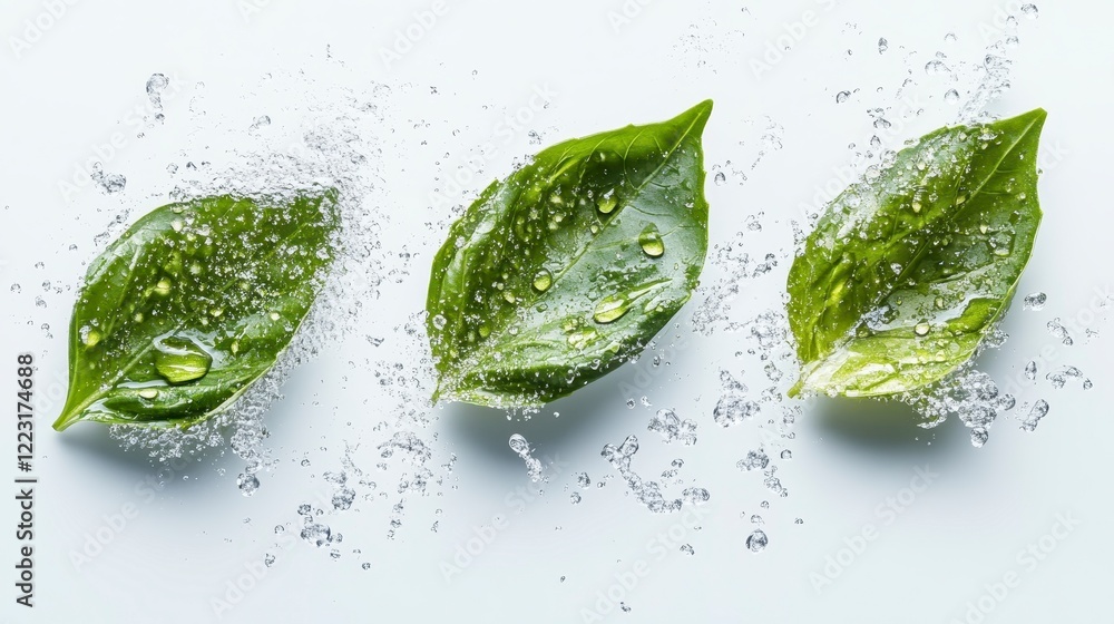Obraz premium Fresh Green Leaves with Water Drops Nature Purity Cleanliness Concept