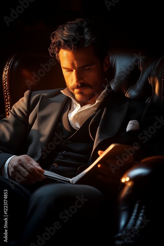 Psychiatrist seated in elegant armchair with notebook, observing patient dynamics. Patient focus reflects psychiatrist dedication, ensuring mental health progress. Calm analysis concept.