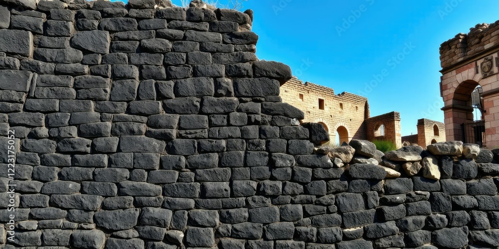 Black stone wall with ancient ruins, mysterious, dark history, old building Black stone wall with ancient ruins, mysterious, dark history, old building