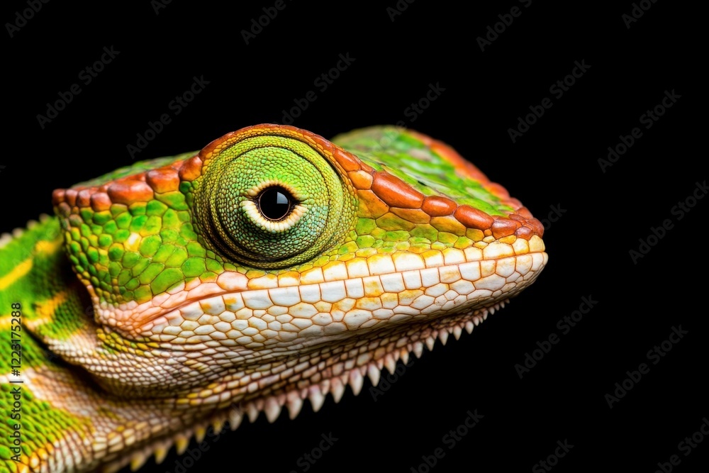 Obraz premium Close up of a vibrant green lizard with intricate patterns on its skin, showcasing a stunning detail of nature s beauty against a black background