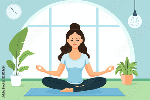 Woman does yoga, meditates and stretches on a mat in a cozy home atmosphere. Woman in lotus position. Healthy lifestyle. The concept of taking care of your body and emotional health.