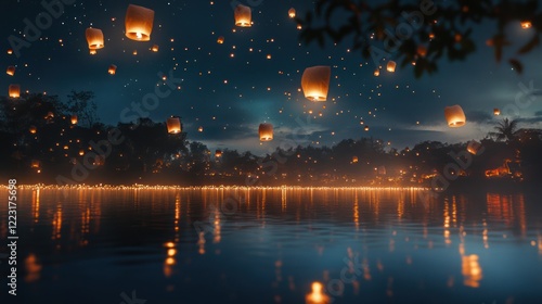 A serene night scene with floating lanterns illuminating a tranquil lake.