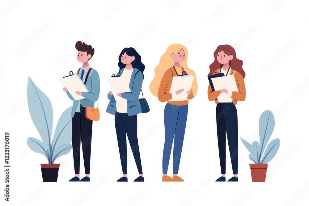 Obraz premium A 2D illustration of an applicant standing confidently in a line of others, holding their portfolio, rendered in soft pastel tones on a white background