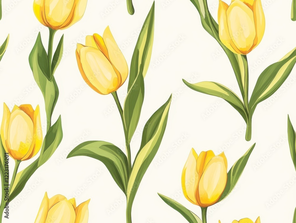 A Seamless Pattern of Bright Yellow Tulip Flowers with Green Leaves on a Clean White Background
A Seamless Pattern of Bright Yellow Tulip Flowers with Green Leaves on a Clean White Background