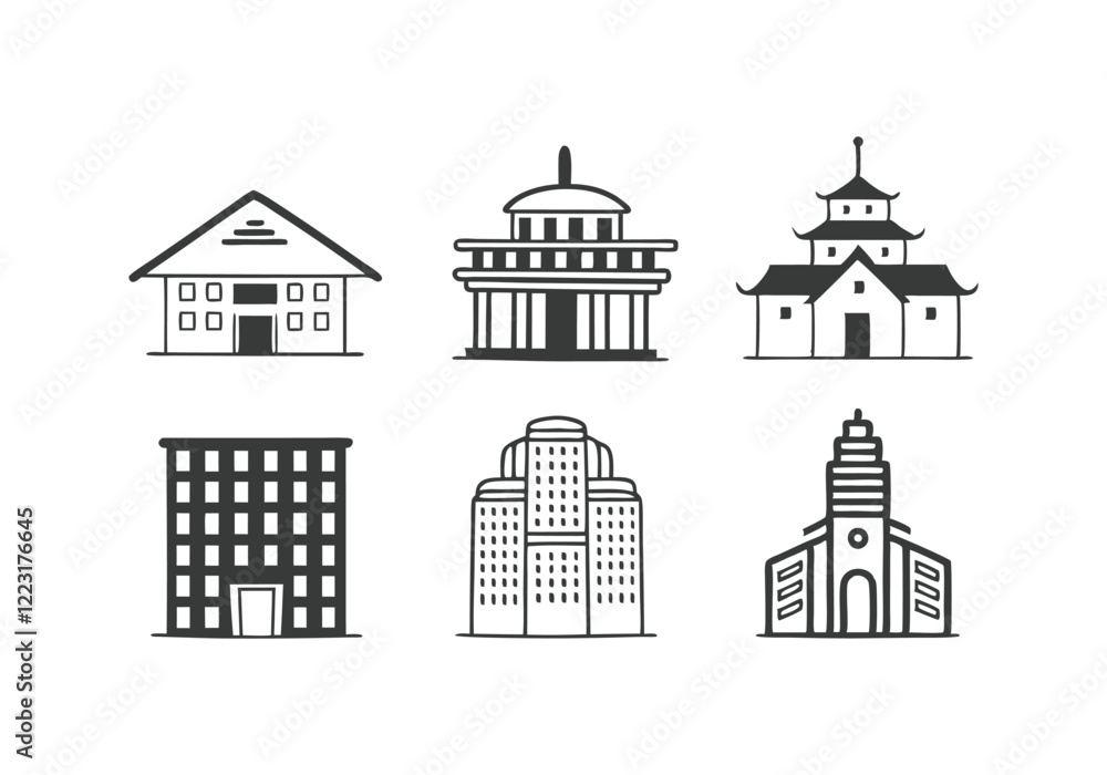 Buildings Icons Set - Urban Architecture and Structures Vector Illustrations