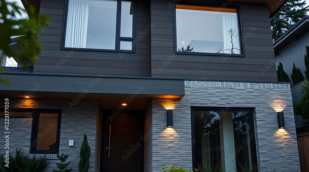 Fototapeta premium Modern House Exterior at Night: Contemporary Home Design with Brick and Stone Facade