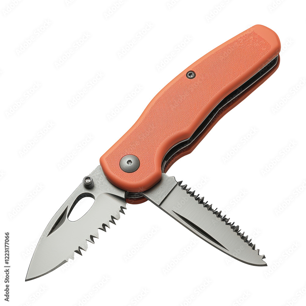 Orange folding pocket knife with serrated and straight blades, featuring durable handle and compact design