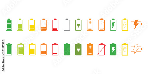 Battery charge flat icons in multiple colors. Battery charging, charge indicator. Vector icon of a fully charged battery