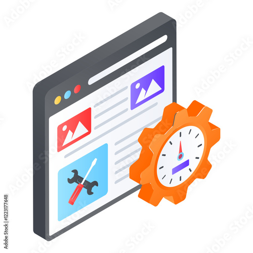 Website speed or performance increasing  isometric concept, web performance optimization vector design, Web hosting service Symbol, Computing machines Sign Internet Application Management illustration