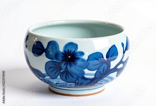 Wallpaper Mural Short Rounded Porcelain Pot, Blue and White, Watercolor, Wet-on-Wet Technique, Side View, Isolated White, Chinese Pottery, Simple Design, Detailed Art.
 Torontodigital.ca