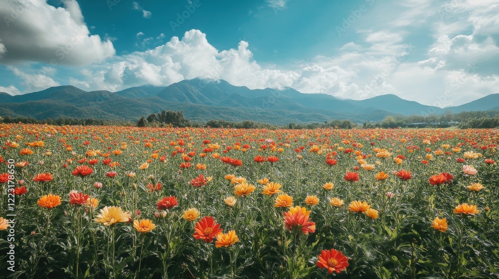 Vibrant field of red and yellow flowers with mountain and cloudy sky background Vibrant field of red and yellow flowers with mountain and cloudy sky background