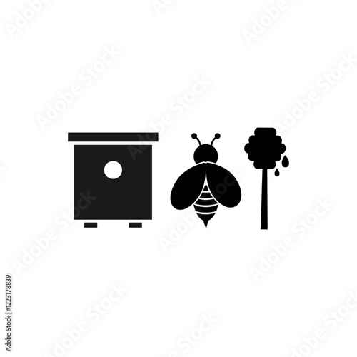 Apiary icons set. Honey bee, honey spoon. bee hive. Organic bee farm elements isolated on white background.