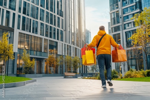 Food delivery driver arrives at modern office building with multiple bags during bright midday photo